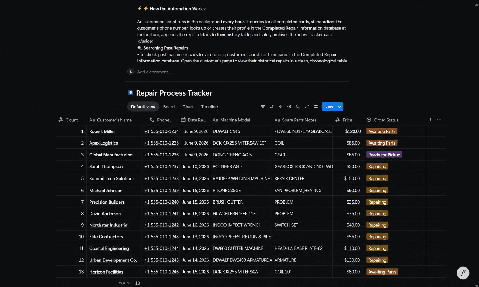 Notion Repair Hub, active tracker view